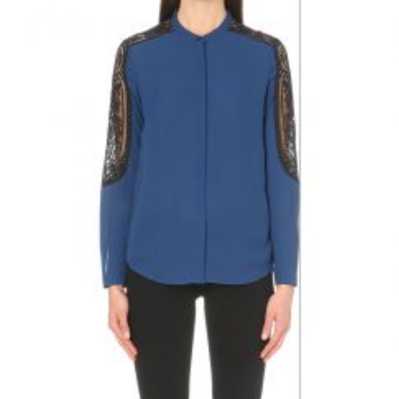 The Kooples Chiffon Blouse with Black Lace Sleeve - Picture 2 of 8